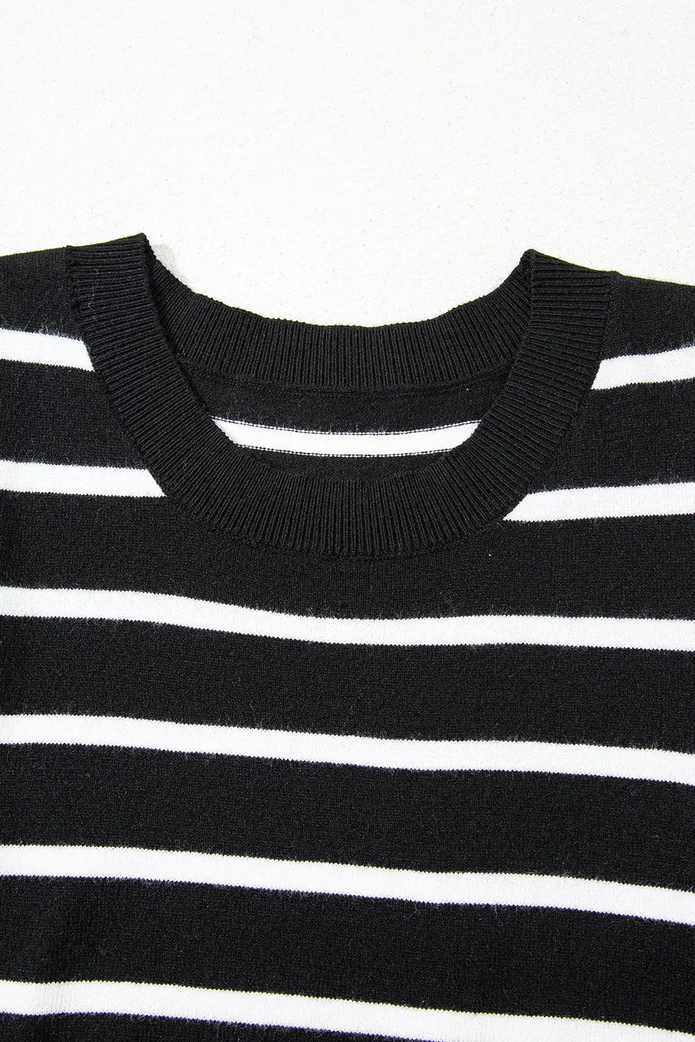 White Stripe Ribbed Trim Round Neck Bubble Sleeve Knitted Top - Love Salve